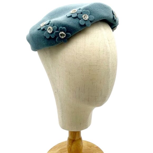 Vintage 1950s BB Ruth Velour Beret Hat Slate Blue Floral Applique Pearl Studded - Picture 11 of 16